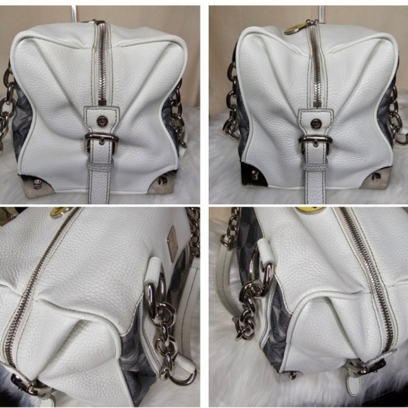 MCM RARE WHITE AND SILVER LEATHER AND CANVAS BOSTON BAG EXCELLENT CONDITION - Picture 6 of 11